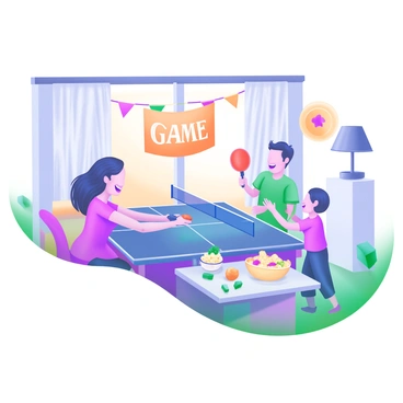 A cozy living room scene featuring a family gathered around a table tennis table, engaged in a lively game. The players are a mother and a father, both smiling as they hit the ball back and forth, while two children cheer enthusiastically from the side. A variety of snacks, including popcorn, chips, and fruit, are spread out on a small table nearby. The walls are adorned with colorful decorations, and a warm light source creates a welcoming atmosphere. "Fun Game Night" is written in cheerful letters on a banner hanging in the background.