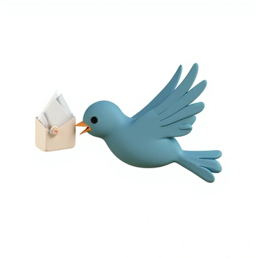 A small bird, with vibrant blue feathers and a slightly curved beak, is flying gracefully through the air. The bird has a tiny mailbag slung over its shoulder, securely fastened, and it is carrying a rolled-up letter in its beak. The letter has a visible wax seal on it, which adds a touch of detail, while the bird’s wings are outstretched, showing the intricate patterns of its feathers as it soars with purpose. The scene captures the essence of a diligent messenger in motion.