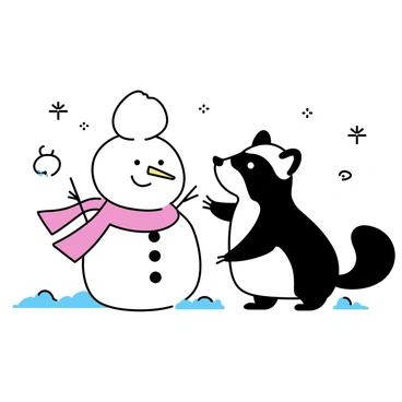 A skunk with black and white fur is using its front paws to stack snowballs in the shape of a snowman. The snowman has a large snowball base, a smaller middle section, and a round head on top. The snowman's face features a "carrot nose" placed prominently in the center. A bright red scarf is wrapped around the snowman's neck, contrasting with the white snow. The skunk appears focused and is slightly bending forward to place the last snowball. Fluffy snowflakes are gently falling around them, creating a wintery atmosphere.