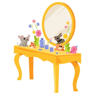 A whimsical vanity scene featuring a large, ornate vanity table made of polished wood. The table has a round, golden-framed mirror reflecting a magical woodland setting. Various woodland creatures, including a curious gray squirrel, a fluffy rabbit with large ears, and a small fox, are peeking into the mirror. The vanity is adorned with colorful flowers and delicate butterflies fluttering nearby. On the table, there are small jars of shimmering potions and a brush with bristles made from soft feathers. The setting is bright and enchanting, filled with vibrant colors and playful details.