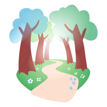A narrow path winds through a lush forest. Tall trees stand on either side of the path, their leaves creating a canopy overhead. Gentle beams of sunlight filter through the branches, casting soft, dappled light onto the ground. Patches of vibrant green grass line the edges of the path, and small wildflowers peek through the foliage. The atmosphere is calm and inviting, with the warm tones of the sunlight enhancing the serene environment.