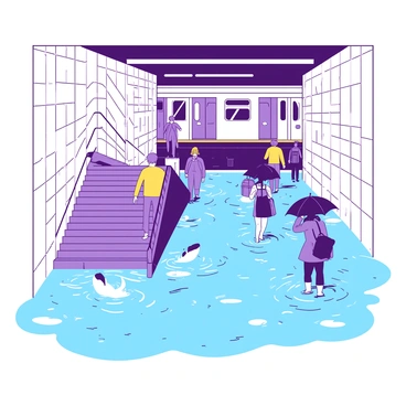 A subway station with water rushing down the stairs, commuters wading through