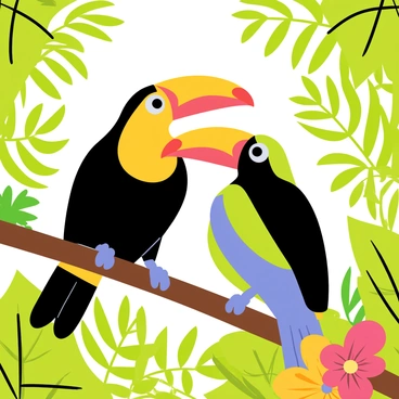 A pair of vibrant toucans with bright yellow and orange beaks perched on a sturdy brown branch. Their plumage features bold colors, with one toucan having a glossy black body and the other displaying a striking mix of green and blue feathers. Dense green foliage surrounds them, with large leaves and colorful flowers adding to the tropical atmosphere. Sunlight filters through the leaves, casting dappled shadows around the toucans.