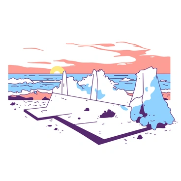 A white sea wall stands prominently at the beach, with powerful waves crashing against its sturdy structure. The sun is setting on the horizon, casting a warm orange glow across the sky, which reflects off the water. The beach is strewn with fine sand, and some small rocks are scattered along the shore. The waves create a fine mist as they hit the wall, adding a dynamic element to the scene.