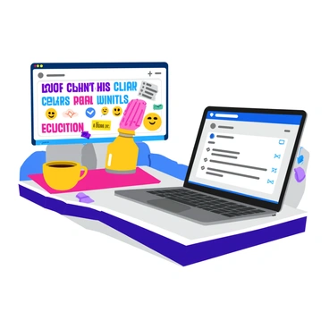 A computer screen shows a vibrant social media interface featuring a post with exaggerated claims in bold, colorful text. The post is surrounded by eye-catching emojis and lots of likes and shares. Next to it, a calm fact-check appears in a more subdued font, detailing the factual information with checkmarks and sources. The screen is set on a sleek desk, and a cup of coffee sits nearby, creating a cozy workspace atmosphere. The room is well-lit, highlighting the contrasting visuals of the two posts.