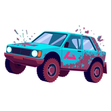 A rally car with a vibrant blue body and bold decals is covered in thick layers of brown mud. The tires are splattered with mud and show signs of heavy wear from the challenging track. The car’s windows are streaked, making it difficult to see inside. The headlights gleam despite the grime, and the overall stance of the car appears aggressive and ready for more racing. The background features splashes of mud and debris, capturing the chaotic environment of the race.