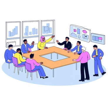 A high-tech boardroom featuring a large, sleek rectangular table at the center. Around the table are several designers and engineers, each absorbed in discussion. Some individuals are pointing at digital screens mounted on the walls, which display various graphs and designs. The room is illuminated by soft, modern lighting, casting a bright glow over the polished wooden floors. There is a large window with a view of a city skyline in the background.