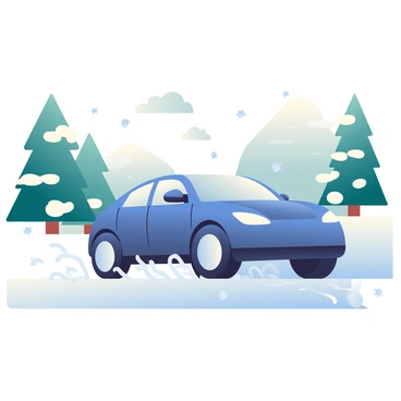 An electric car with a sleek, modern design is driving through a snowy landscape. The car is a deep blue color, reflecting the white of the snow. Fresh, untouched snow covers the ground, with the sunlight glistening on its surface. The wheels of the car are leaving distinct tracks in the snow as it speeds through the serene scene. In the background, tall evergreen trees are dusted with snow, framing the picturesque winter scenery. Flurries of snowflakes are gently falling from the gray sky, adding to the winter atmosphere.