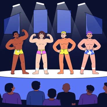 A bodybuilding competition scene with several competitors standing on stage. There are four competitors, each displaying their muscle definition and physique. One competitor has dark skin and is flexing their biceps, while another has light skin and is showing off their back muscles. A third competitor has olive skin and is showcasing their chest, and the fourth has medium skin tone, posing confidently. They all wear colorful posing trunks. The stage is illuminated with bright lights, highlighting their bodies, and there are banners in the background. The audience is visible in the darkened area beyond the stage.