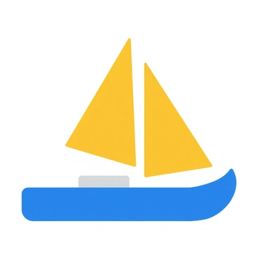 A barge icon made of geometric shapes, featuring a rectangular hull and a triangular sail.