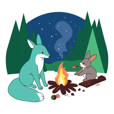 A teal fox, a brown rabbit, and a grey squirrel are sitting together around a warm, glowing orange campfire in a forest clearing. The fox has its tail curled around its feet, while the rabbit is nibbling on a small piece of carrot. The squirrel is perched on a nearby log, holding an acorn. Above the campfire, sparks are rising into the night sky filled with stars. Surrounding the scene, tall green trees frame the clearing, adding to the cozy atmosphere.