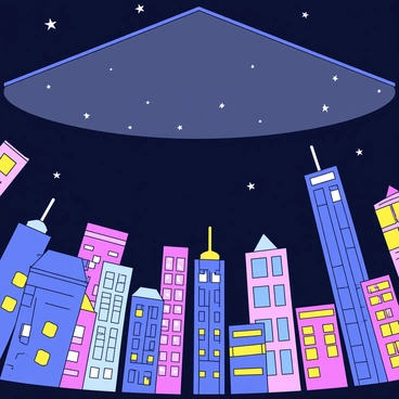 A nighttime cityscape with tall buildings illuminated by bright lights. The scene includes a variety of skyscrapers, each with windows glowing in different colors. A clear glass ceiling overhead reflects the vibrant lights of the city below. The sky is dark with a few scattered stars visible, adding depth to the urban environment. The overall composition captures the essence of a lively city at night.