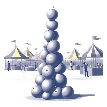 A tall tower made of stacked melons in a fun carnival setting.
