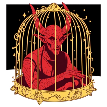 Satan trapped inside an ornate, magical cage, with ethereal light penetrating the bars