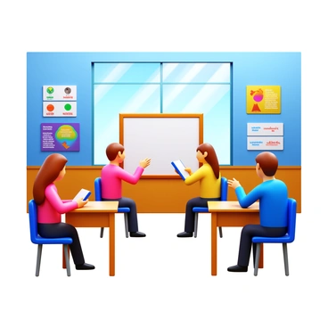 A language classroom featuring students seated at desks in pairs. Each pair of students is engaged in conversation, with one student holding a notebook and the other gesturing while speaking. The classroom is equipped with a whiteboard at the front, displaying vocabulary words and phrases. Colorful charts are hung on the walls, depicting grammar rules and cultural elements. Sunlight streams through large windows, creating a bright and inviting atmosphere for language learning.