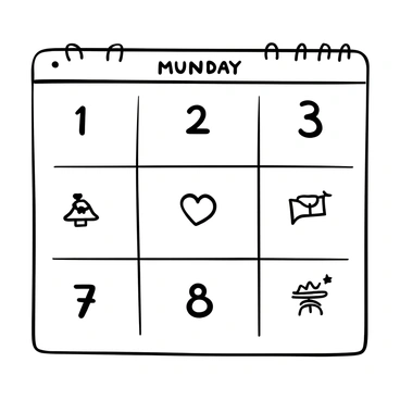 A calendar page featuring the seven days of the week. Each day has its own unique icon displayed prominently next to the corresponding date. The icons include a sun for Monday, a book for Tuesday, a tree for Wednesday, a heart for Thursday, a music note for Friday, a mountain for Saturday, and a star for Sunday. The layout is structured neatly in a grid format, with clear lines separating each day. The entire design is presented in black and white, highlighting the details of the icons and calendar layout.