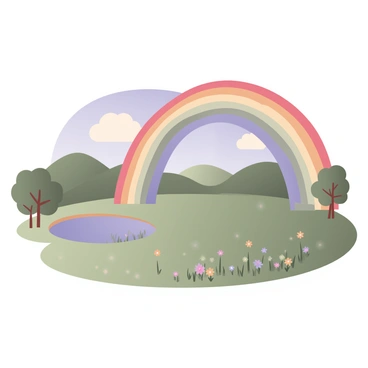 A digital flat illustration featuring a vivid rainbow made of "CPF colors" arching gracefully over a peaceful landscape. Below the rainbow, there is a lush green meadow dotted with colorful wildflowers. In the background, there are gentle rolling hills with soft contours, and a clear blue sky fills the top of the image. To the left, a small, tranquil pond reflects the colors of the rainbow, and a few fluffy clouds float leisurely above. On the right side, a cluster of trees with varying shades of green adds to the serene atmosphere.