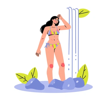 A girl with long, flowing hair is standing under a small waterfall, wearing a colorful bikini. The waterfall is cascading down over smooth rocks, creating a misty cloud around her. Bright green leaves surround the scene, adding to the tropical feel. The girl is smiling, with water droplets glistening on her skin, showcasing her enjoyment of the refreshing waterfall. She is standing confidently with one hand playfully pushing her hair back.