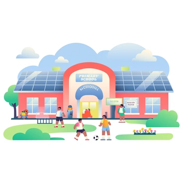 A primary school building is prominently featured, showcasing its well-maintained exterior. The roof of the school is equipped with several solar panels, glistening under the sunlight. Surrounding the school are patches of vibrant green grass and small colorful flower beds. In the foreground, there are children playing with a soccer ball, while a teacher watches them from a distance. To the side, a sign reading "Primary School" is visible, and a few trees offer shade near the entrance. A clear blue sky serves as the backdrop, enhancing the lively atmosphere.