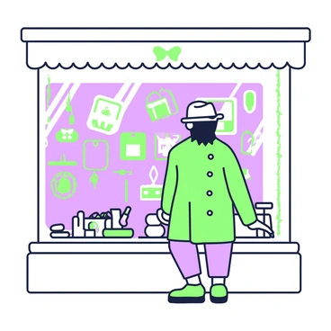 A figure stands in front of a shop window, gazing intently at the display. The figure is wearing a stylish coat and a hat, with one hand resting on the window frame. Inside the shop, various colorful items are arranged neatly, including a vibrant collection of toys, trinkets, and fashion accessories. The window is adorned with a decorative frame, and reflections of the surrounding street are visible on the glass. Bright light highlights the colorful items, drawing the attention of the figure.