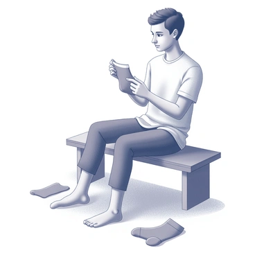 An individual is sitting on a wooden bench, carefully inspecting a sock in their hands. Their expression is focused as they pull the sock taut to assess its fit. The person's feet are positioned on a soft surface, with one foot still wearing a sock and the other bare. The surrounding area contains a few more socks neatly folded, emphasizing the significance of foot health. The individual's attire is casual, and the scene conveys a sense of attentiveness to comfort and proper fit.