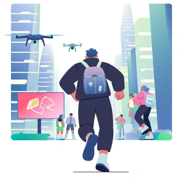 A bounty hunter with short, dark hair and a sleek black outfit is sprinting through a vibrant futuristic cityscape. The buildings are tall and angular, made of glass and metal, reflecting neon lights in shades of blue, pink, and green. The bounty hunter's backpack has high-tech gadgets visibly attached. To the left, a drone hovers, following closely, with blinking lights and a small camera lens pointing downwards. In the background, blurred figures of people in futuristic attire are seen, with some looking in surprise at the chase. The ground is a mixture of futuristic pavement and illuminated pathways, while a digital screen displays an advertisement for a new tech gadget.