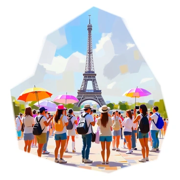 A famous city landmark, "the Eiffel Tower," stands tall in the background, beautifully detailed with its iron lattice structure. In the foreground, a diverse group of tourists gather, taking photos and admiring the view. Some tourists are holding cameras, while others are posing with playful expressions. There are several colorful umbrellas and hats scattered among the crowd, adding vibrancy to the scene. The ground is paved with cobblestones, enhancing the urban atmosphere. In the distance, a clear blue sky complements the lively scene.