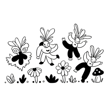 A group of tiny fantastical creatures with delicate wings dancing amidst a field of flowers. Each creature wears unique costumes made from various types of shells, featuring spiral patterns and smooth surfaces. Some creatures are playfully twirling while others are leaping into the air. The ground is covered with leafy greens and small pebbles, enhancing the magical ambiance. In the background, a few mushrooms of different shapes and sizes add to the enchanting scene. A soft breeze appears to gently lift the costumes as the creatures perform their dance.