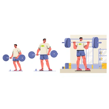 A series of illustrations depicting the progression of a deadlifter from beginner to advanced levels. The first image shows a beginner, a person with an upright posture, using a light barbell with a focused expression. The second illustration features an intermediate lifter, with a slightly heavier barbell, demonstrating proper form while lifting, sweat beads visible on their forehead. The final illustration showcases an advanced deadlifter, lifting a heavy barbell with an intense expression, showcasing strong muscles and a gym setting filled with weights and exercise equipment. Each stage highlights the growth in strength and technique.