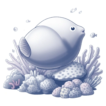 A puffer fish in the process of puffing up to its full size. The fish is prominently featured, with its body expanding visibly. Surrounding the fish is a vibrant underwater scene filled with various types of coral reefs. The corals have intricate shapes and textures, creating a rich environment for marine life. Small fish and sea creatures can be seen swimming around the coral, adding to the lively atmosphere of the underwater habitat. The overall composition captures the dynamic interaction between the puffer fish and its colorful surroundings.
