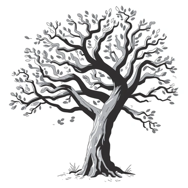 A sturdy tree with thick, winding branches is bending dramatically in a gust of wind. The leaves are rustling and some are being swept away, creating a sense of movement in the air. The tree's trunk is robust and anchored deep into the ground, showing signs of strength despite the pressure. In the background, the sky is filled with contrasting shades, enhancing the dramatic scene of the tree standing tall in the tempest.