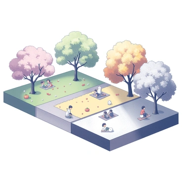 A scene showing all four seasons occurring simultaneously in a park