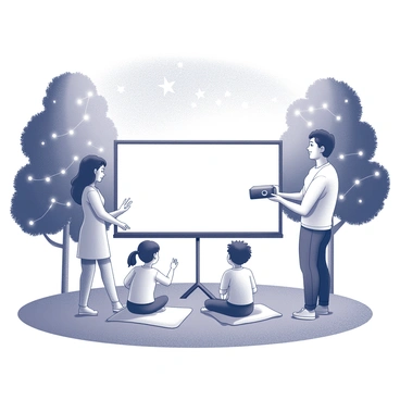 A family is gathered in a backyard, preparing for an outdoor movie night. One adult is holding a projector, while another is adjusting the screen, which is set up between two trees. The children are arranging blankets and cushions on the grass, creating a cozy seating area. A few twinkling string lights are draped around the trees, adding to the festive atmosphere. The sky is visible above, filled with stars.