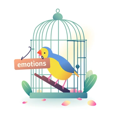 A colorful bird with bright blue and yellow feathers is perched on a branch inside a small, intricately designed cage. The cage is labeled with the word “emotions” in bold, white letters on a small wooden sign attached to the front. The door of the cage is wide open, swinging gently on its hinges, inviting the bird to fly out. Surrounding the cage, there are soft, green leaves that create a natural feel, with a few petals scattered on the ground beneath. A warm light filters through, casting soft shadows and highlighting the vibrant colors of the bird and the cage.