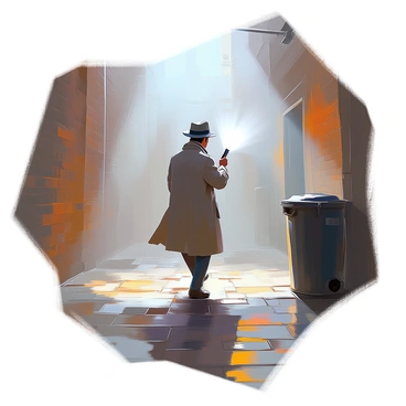 A detective with short dark hair is walking through a foggy alleyway, holding a flashlight that illuminates the cobblestone path ahead. He is wearing a long trench coat and a fedora, creating a classic detective silhouette. The fog envelops the scene, partially obscuring the brick walls of the alley. Shadows loom in the corners, and the faint outline of a garbage bin can be seen to the side. The detective's focused expression reveals his determination as he scans the surroundings for clues while the beam of light cuts through the dense mist.
