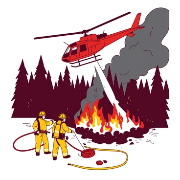 A red helicopter is hovering above a dense forest engulfed in flames, with thick black smoke rising into the sky. Below, two firefighters in yellow protective gear are working together, using hoses to direct water on the burning trees. One firefighter is aiming a heavy water hose while the other assists, preparing additional equipment nearby. The ground is scattered with charred branches and embers flying through the air, highlighting the urgency of their mission. The scene is intense, showcasing the collaboration between the firefighters and the helicopter in battling the wildfire.