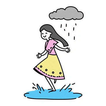 A traditional Indian girl, wearing a colorful lehenga with intricate patterns, is playfully splashing through puddles on a rainy day. Her long, dark hair is tied back, and droplets of rain are falling around her. The ground is wet and reflects the vibrant colors of her attire. She is smiling, with water splashing up around her feet as she jumps into a large puddle. Soft gray clouds hover above in the sky, creating a cozy atmosphere.