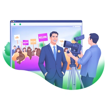A political ad being filmed features a candidate standing confidently with a bright smile while speaking directly to the camera. The candidate is wearing a tailored suit and has a pin representing their party on their lapel. In the background, a diverse group of supporters is visible, holding signs with slogans in bold letters, creating an energetic atmosphere. The setting is outdoors, with trees and a clear blue sky framing the scene. A professional camera on a tripod captures the moment, and a cameraman adjusts the equipment nearby.