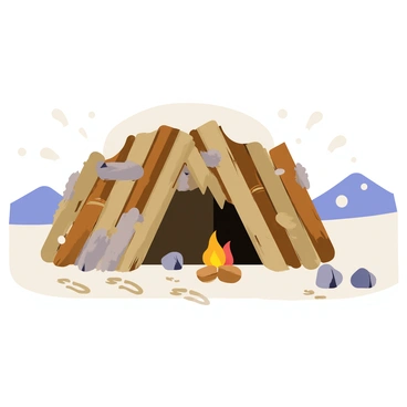 A makeshift Ice Age shelter built from branches and animal hides