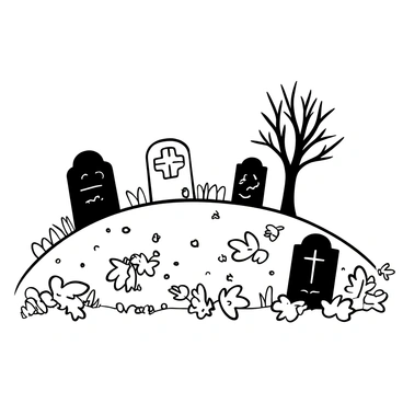 Gravestones positioned at varying angles on a gentle slope, each adorned with intricate carvings. They are surrounded by a thick layer of fallen autumn leaves, with a variety of shapes and sizes. The leaves create a textured blanket across the ground. Sparse trees with bare branches stand in the background, some leaves still clinging to them. The atmosphere is quiet and still, evoking a sense of contemplation.