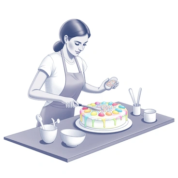 A woman stands at a kitchen countertop, focused on decorating a birthday cake. She is applying colorful frosting with a spatula, smoothing it over the layers of the cake. Her other hand is holding a container of sprinkles, which she is generously scattering over the top. Surrounding her are various baking tools and ingredients, including bowls and measuring cups. A few baking utensils are placed nearby, adding to the kitchen atmosphere. The cake is round, and it has multiple tiers, each covered in frosting. The scene captures a sense of celebration and creativity.