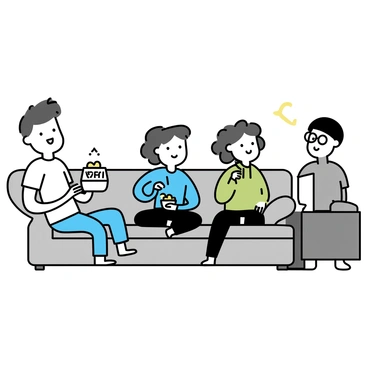 Three friends are sitting on a large, comfortable grey sofa. One friend, a man with short black hair, is holding a bowl of popcorn in his lap. He is wearing a white t-shirt and blue jeans. Next to him, a woman with long curly brown hair is leaning back, wearing a light blue sweater and black leggings, and she is reaching for some popcorn. The third friend, a man with glasses and a beanie, is sitting on the other side, wearing a green hoodie and grey sweatpants, smiling as he watches the screen. A large TV is visible in front of them, casting a soft glow in the dimly lit room.