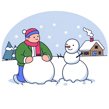 Mr. Sakamoto, a middle-aged man wearing a red scarf and a green winter coat, is building a snowman in a snowy landscape. The ground is covered with a thick layer of fresh white snow, and delicate snowflakes are gently falling from the gray sky. Mr. Sakamoto is rolling a large snowball, which is the base of the snowman, while smiling. Nearby, there are two smaller snowballs stacked on top of each other, forming the body and head of the snowman. The snowman has a carrot for a nose and two coal pieces for eyes, giving it a friendly appearance. In the background, there are snow-covered trees and a quaint wooden house with smoke curling from the chimney.
