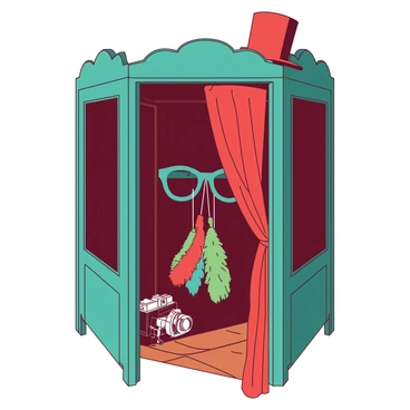 A teal vintage photobooth with a large red curtain draped at the front entrance. The photobooth has an ornate design, featuring decorative patterns along its edges. Inside, there are various props, including a red top hat, oversized glasses in teal, and colorful feather boas hanging from a small rack. A vintage camera is positioned inside the booth, ready to take pictures. The floor is a polished wood, reflecting the warm colors of the booth and props.