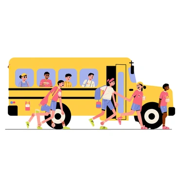A bright yellow school bus parked with its doors open, ready for children to board. A group of diverse children, both boys and girls, are eagerly approaching the bus, smiling and laughing. Each child is holding a colorful backpack slung over one shoulder and a lunchbox in the other hand. Some children are wearing hats and sunglasses, while others have their favorite cartoon character shirts on. The bus has cartoon-style windows showing excited faces inside, and the scene is set against a clear blue sky.