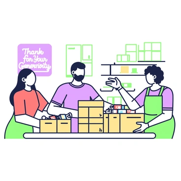 A friendly group of volunteers is sorting food donations at a local food bank. There are three volunteers: one woman with long hair wearing a red shirt, one man with a short beard in a blue t-shirt, and another woman with curly hair wearing a yellow apron. They are working at a wooden table stacked with boxes filled with canned goods and cereal boxes. Each volunteer is actively placing items into separate bins organized by food type. In the background, shelves are lined with more boxes of food, and a large poster on the wall displays “Thank You for Your Generosity" in bold letters.