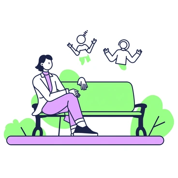 A person is sitting on a park bench with a contemplative expression on their face. They are wearing a light jacket and jeans, with their hands resting on their knees. In front of them, a small figure, glowing faintly, is hovering in the air, representing their inner voice. The figure is gesturing expressively, as if conveying thoughts or ideas. The background features trees and grass, with a pathway running alongside the bench, adding to the thoughtful atmosphere.
