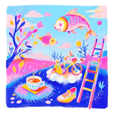 A whimsical scene features a large fish with colorful scales swimming through the air. There is a clock melting over a tree branch, and a bicycle with square wheels resting on a patch of grass. Nearby, a teapot with a spout shaped like a trumpet pours tea into a floating cup. A pair of oversized shoes stand upright, and a rainbow-colored ladder leans against a fluffy cloud. The sky is filled with vibrant shapes and patterns, creating a playful atmosphere.