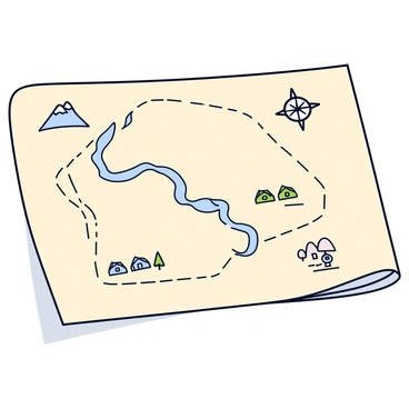 A hand-drawn map displayed on a 1/6 illustration board. The map features various landmarks such as a large mountain, a flowing river, and a small village. Winding paths connect these landmarks with clear, dashed lines. The village includes tiny houses with roofs and a few trees scattered around. A compass rose is illustrated in the corner, indicating the cardinal directions. The board has a light beige color, giving it a parchment-like feel.