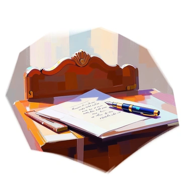 A classic writing desk made of dark wood, featuring ornate carvings and a polished surface. On the desk, there is an open letter written on elegant stationery, the text partially visible. Beside the letter lies a vintage fountain pen with a gleaming nib, resting on a small leather-bound notebook. The scene is softly lit, highlighting the textures of the wood and paper.